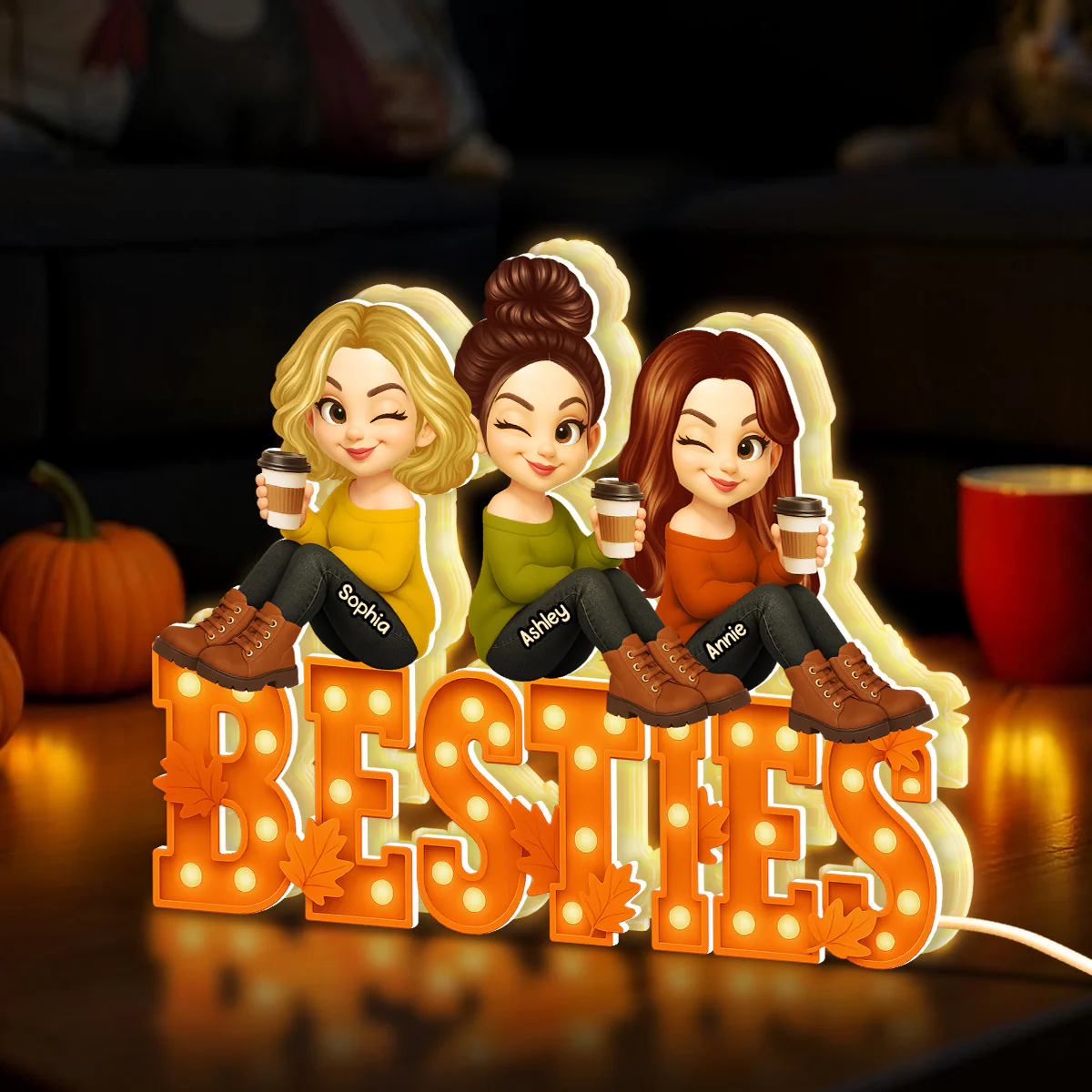 Fall Season Besties Sitting Marquee Pattern Texture Letters Personalized LED Light Box - Image 2