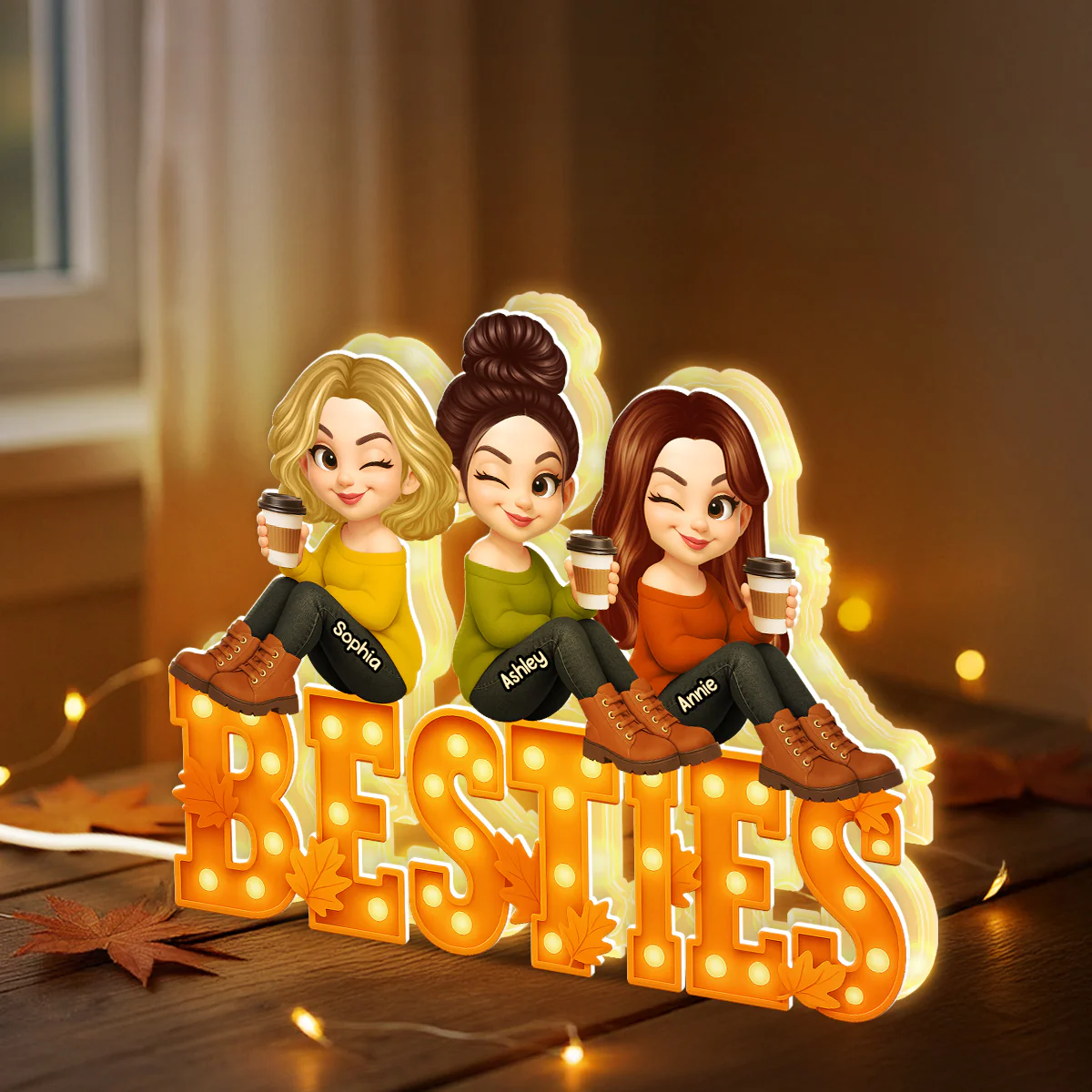 Fall Season Besties Sitting Marquee Pattern Texture Letters Personalized LED Light Box - Image 3