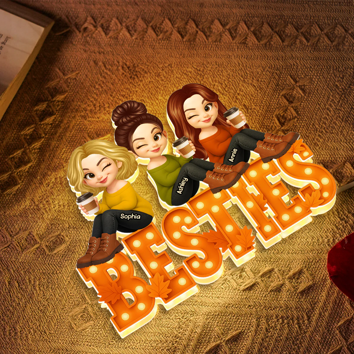 Fall Season Besties Sitting Marquee Pattern Texture Letters Personalized LED Light Box - Image 5