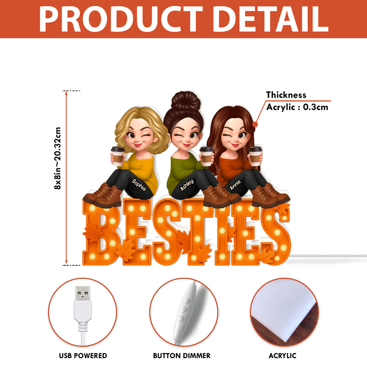Fall Season Besties Sitting Marquee Pattern Texture Letters Personalized LED Light Box - Image 6