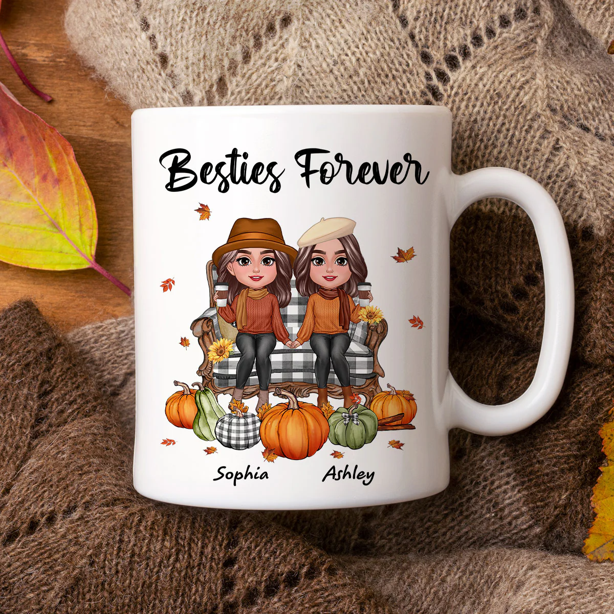 Fall Season Besties Sitting On Chair Personalized Mug - Image 3