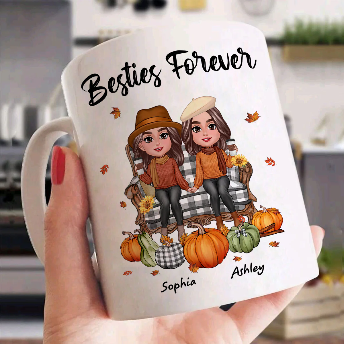 Fall Season Besties Sitting On Chair Personalized Mug - Image 4