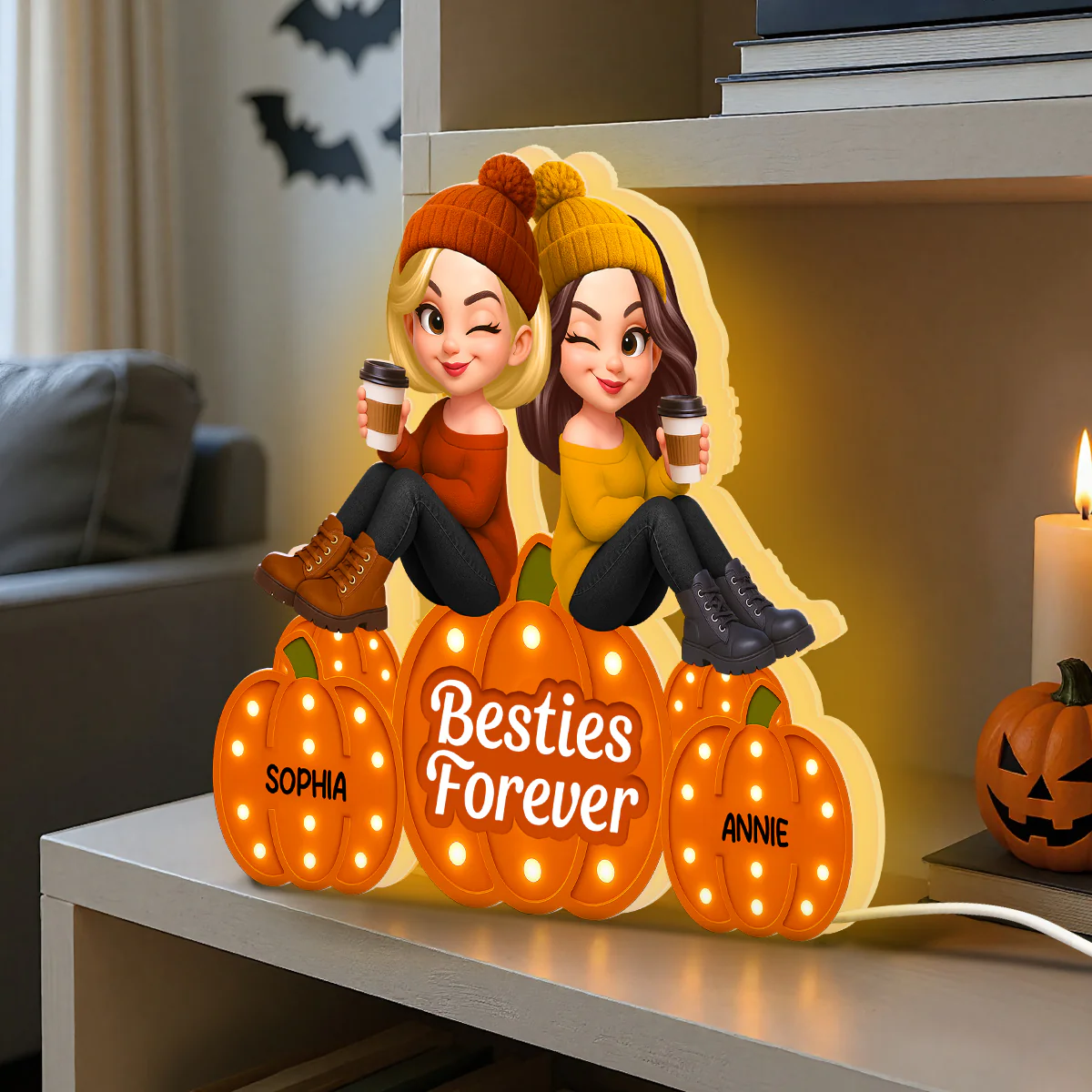 Fall Season Besties Sitting On Marquee Pattern Texture Pumpkins Personalized LED Light Box, Fall Gift For Best Friends - Image 3