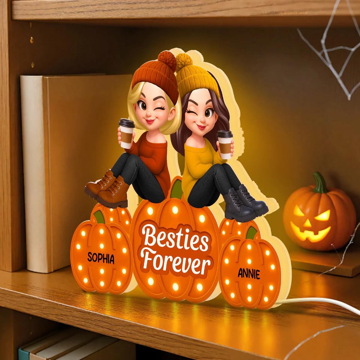 Fall Season Besties Sitting On Marquee Pattern Texture Pumpkins Personalized LED Light Box, Fall Gift For Best Friends - Image 4