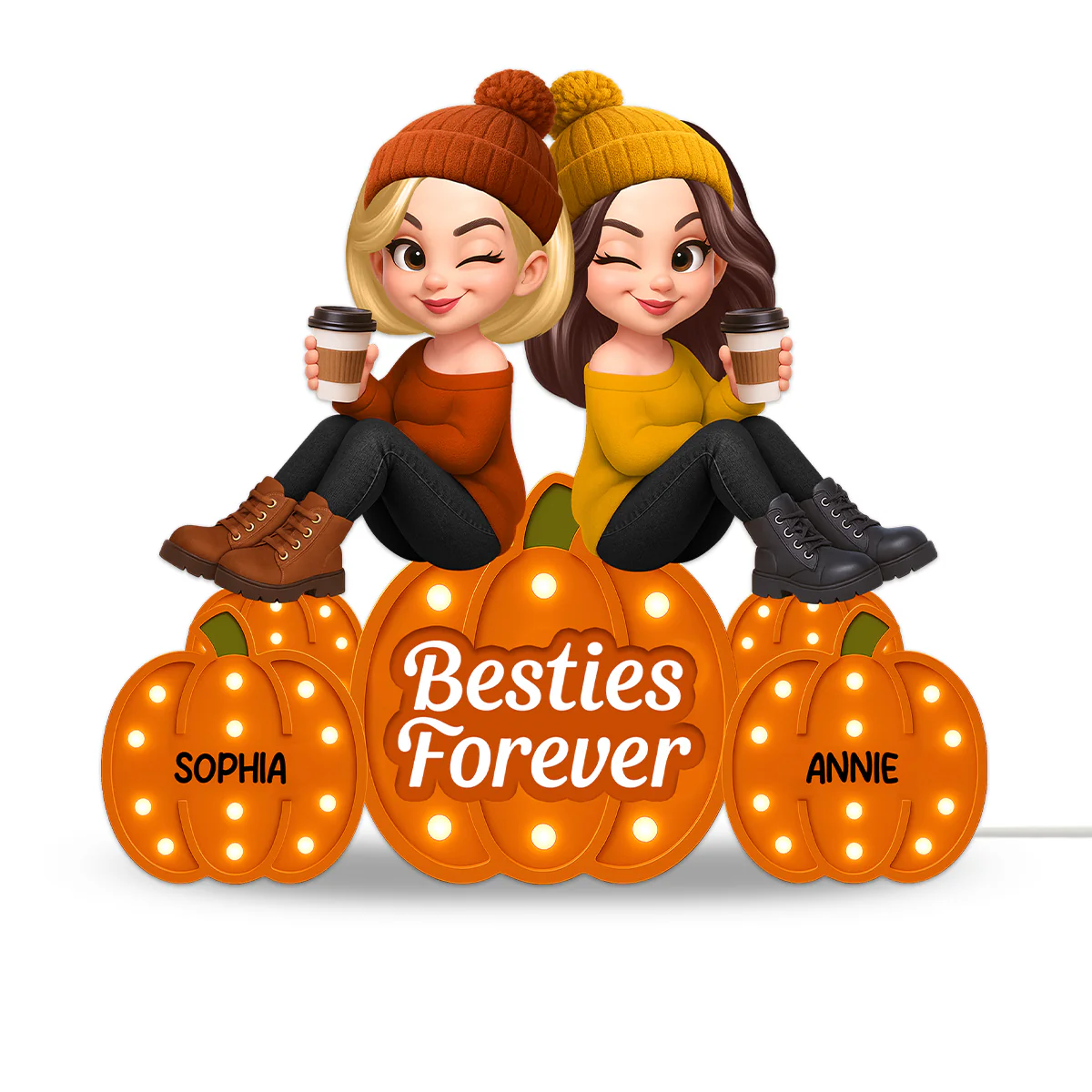 Fall Season Besties Sitting On Marquee Pattern Texture Pumpkins Personalized LED Light Box, Fall Gift For Best Friends - Image 5