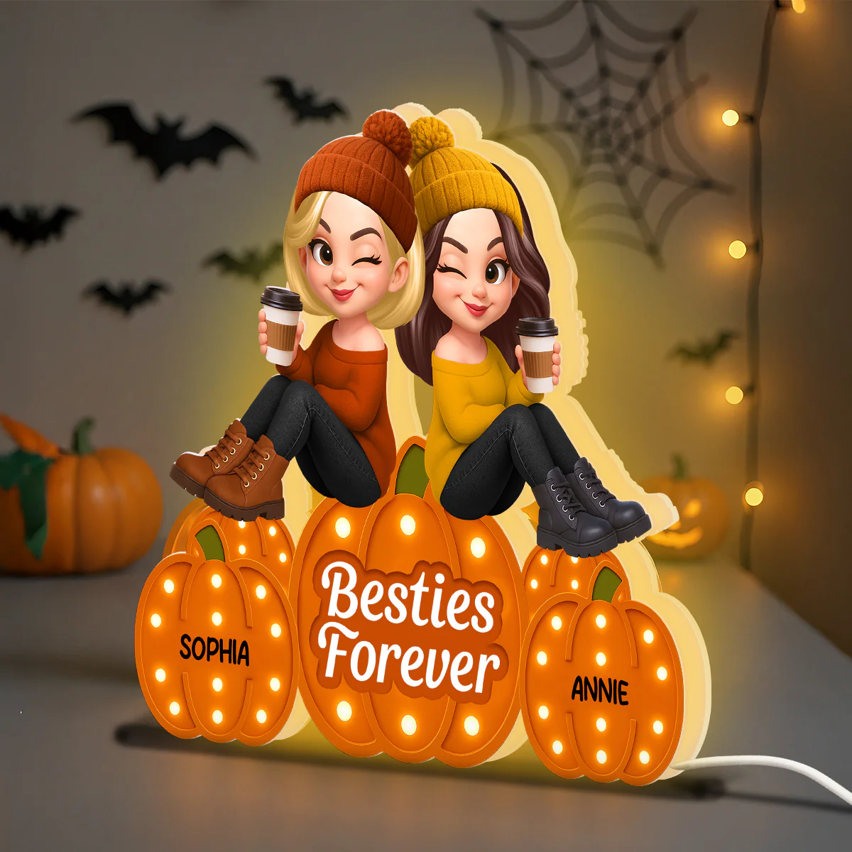 Fall Season Besties Sitting On Marquee Pattern Texture Pumpkins Personalized LED Light Box, Fall Gift For Best Friends - Image 6