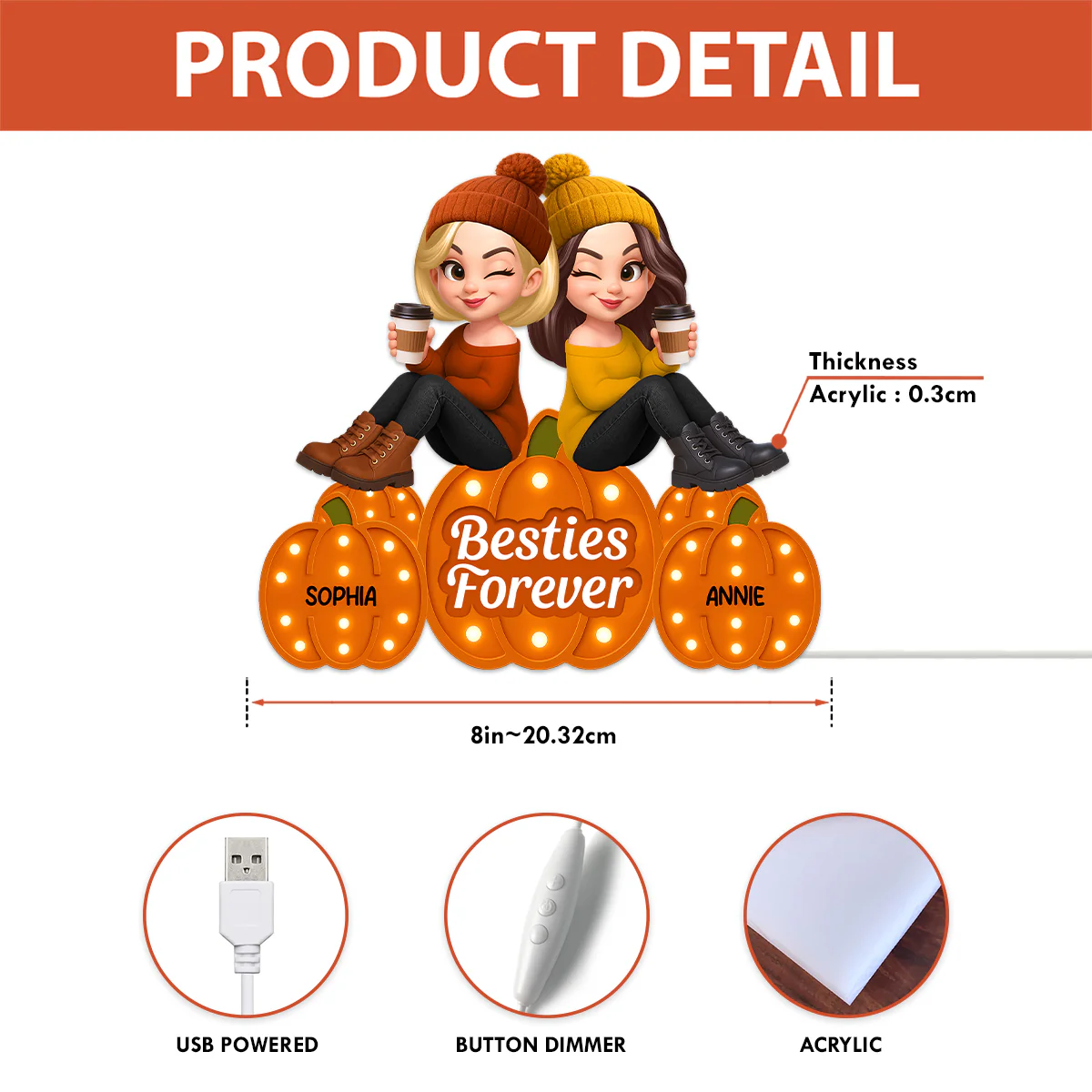 Fall Season Besties Sitting On Marquee Pattern Texture Pumpkins Personalized LED Light Box, Fall Gift For Best Friends - Image 7