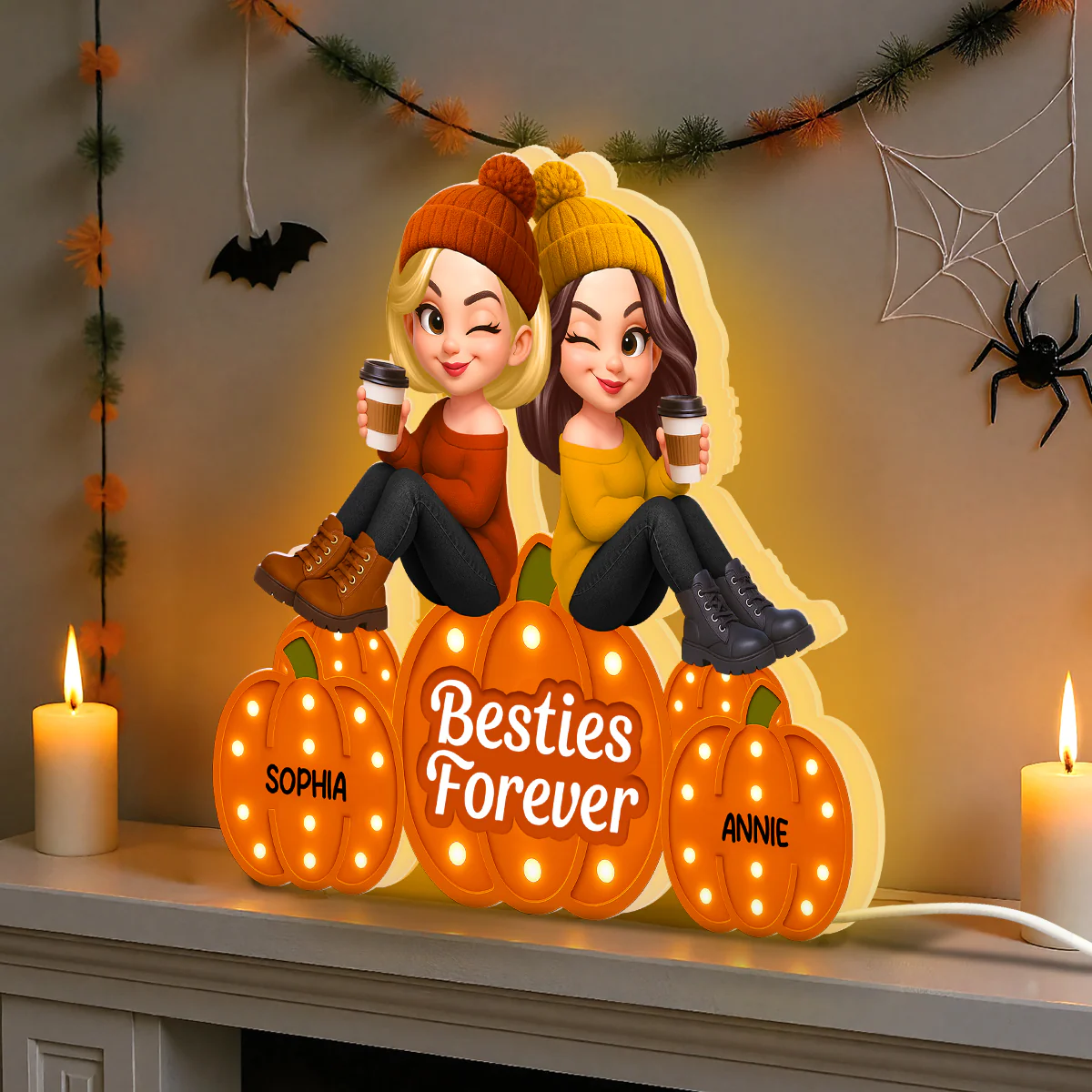 Fall Season Besties Sitting On Marquee Pattern Texture Pumpkins Personalized LED Light Box, Fall Gift For Best Friends - Image 8