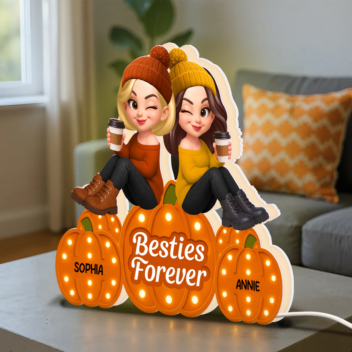 Fall Season Besties Sitting On Marquee Pattern Texture Pumpkins Personalized LED Light Box, Fall Gift For Best Friends - Image 9