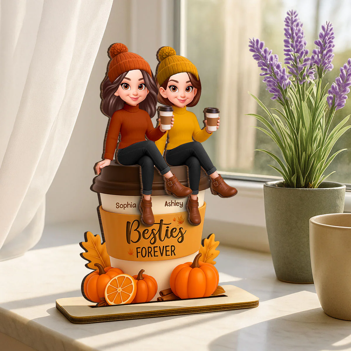 Fall Season Besties Sitting On Pumpkin Spice Latte Personalized Standing Wooden Plaque - Image 2