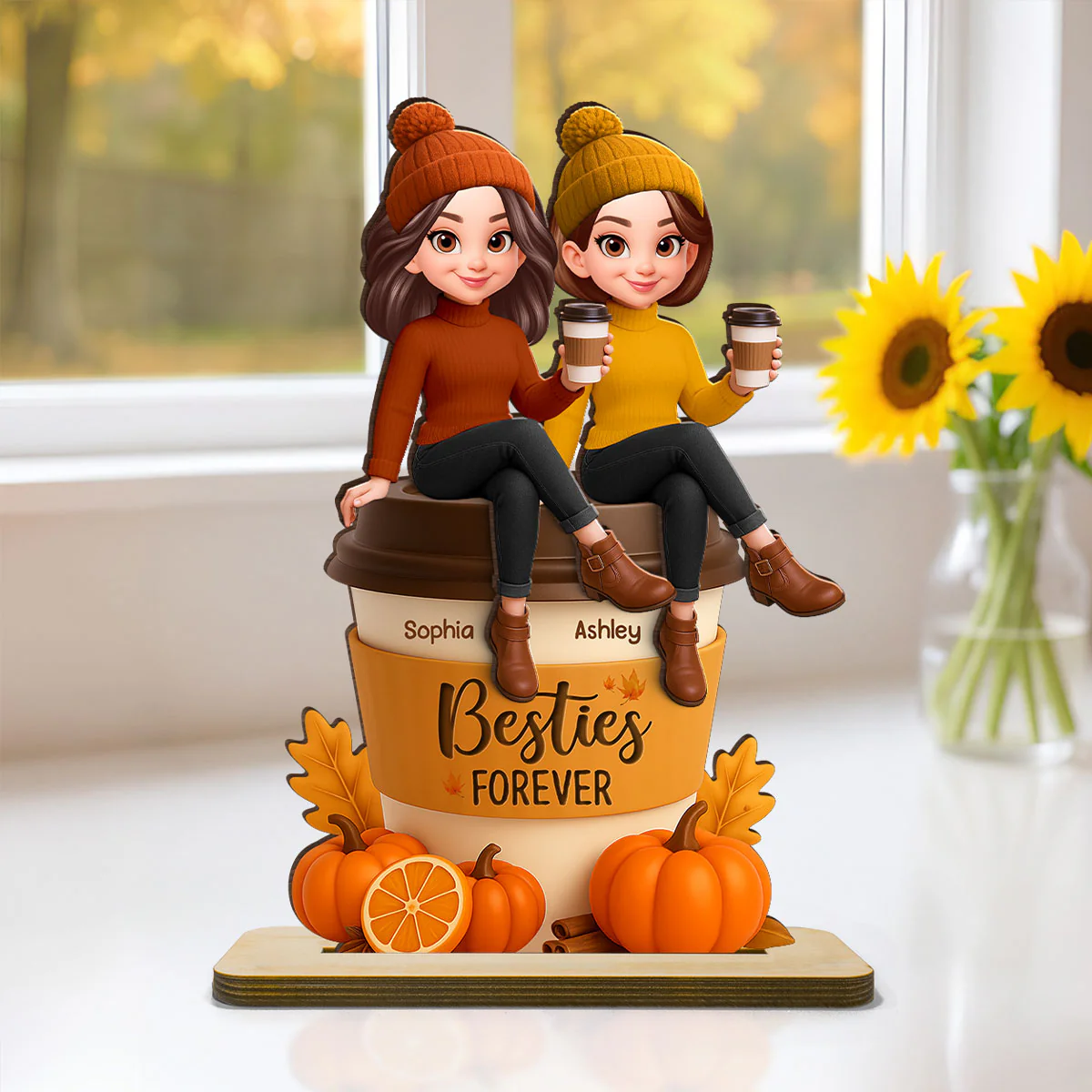 Fall Season Besties Sitting On Pumpkin Spice Latte Personalized Standing Wooden Plaque - Image 4