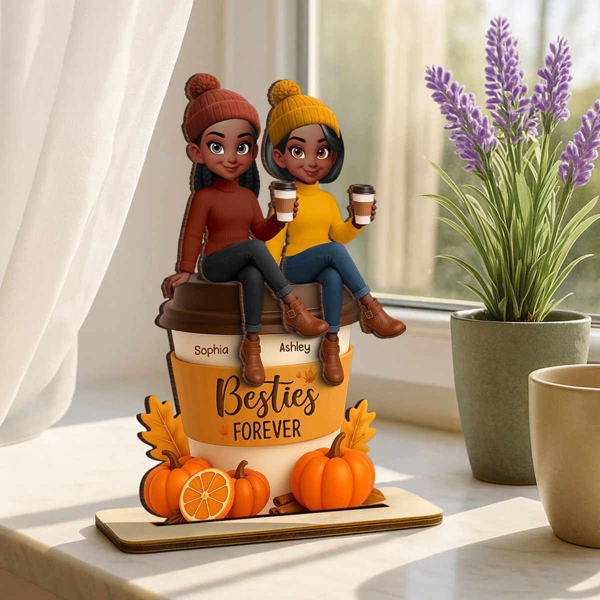 Fall Season Besties Sitting On Pumpkin Spice Latte Personalized Standing Wooden Plaque - Image 2
