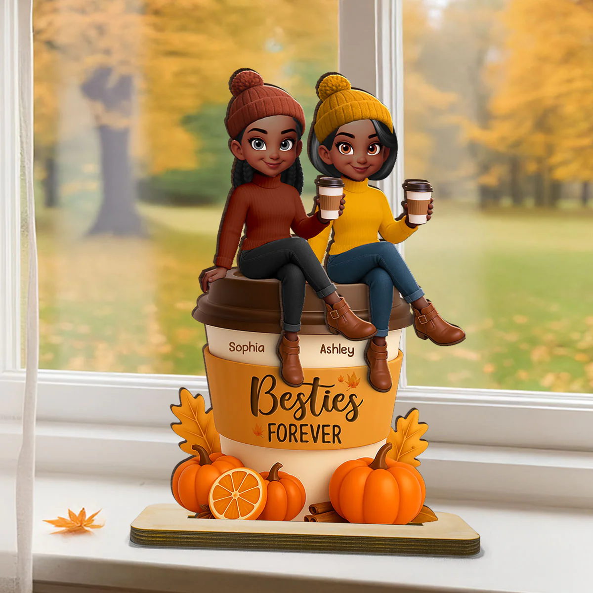 Fall Season Besties Sitting On Pumpkin Spice Latte Personalized Standing Wooden Plaque - Image 3