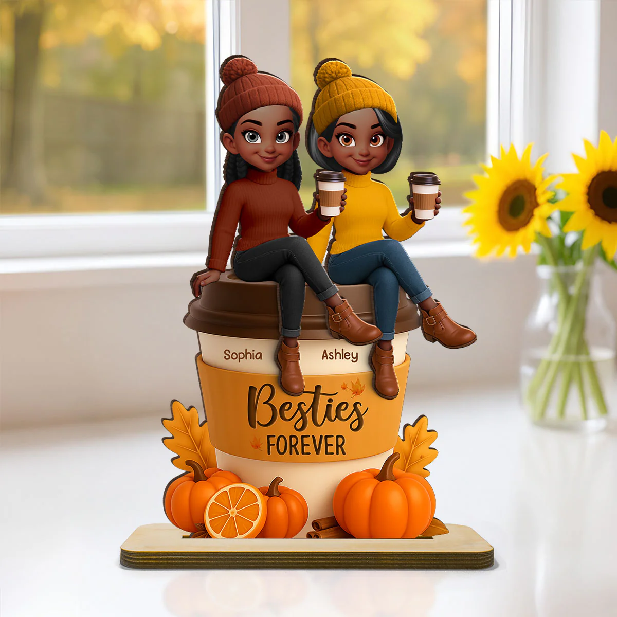 Fall Season Besties Sitting On Pumpkin Spice Latte Personalized Standing Wooden Plaque - Image 4
