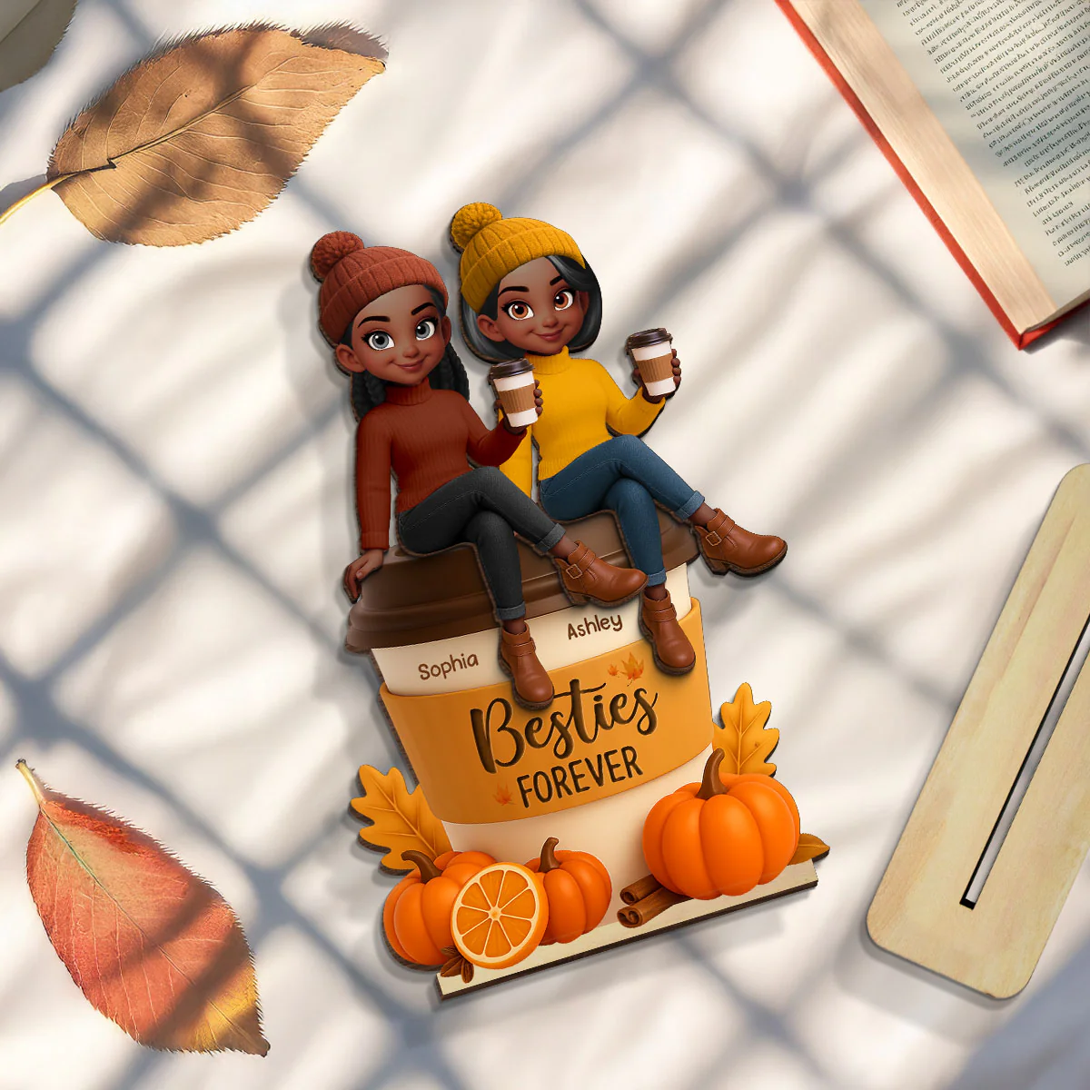 Fall Season Besties Sitting On Pumpkin Spice Latte Personalized Standing Wooden Plaque - Image 5