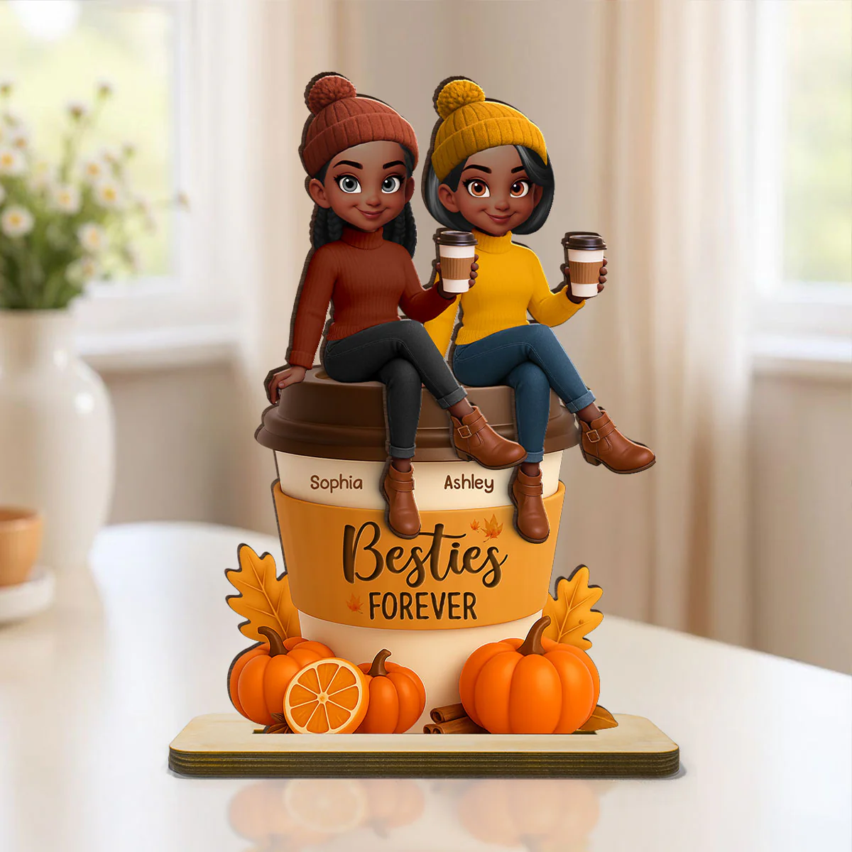 Fall Season Besties Sitting On Pumpkin Spice Latte Personalized Standing Wooden Plaque - Image 6