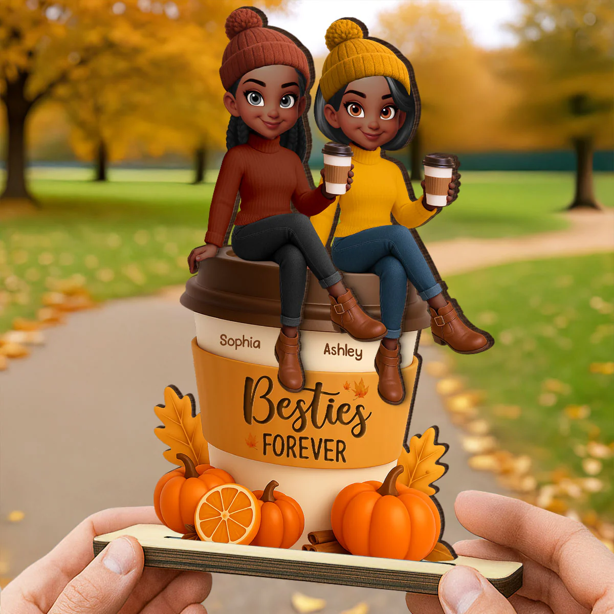 Fall Season Besties Sitting On Pumpkin Spice Latte Personalized Standing Wooden Plaque - Image 7