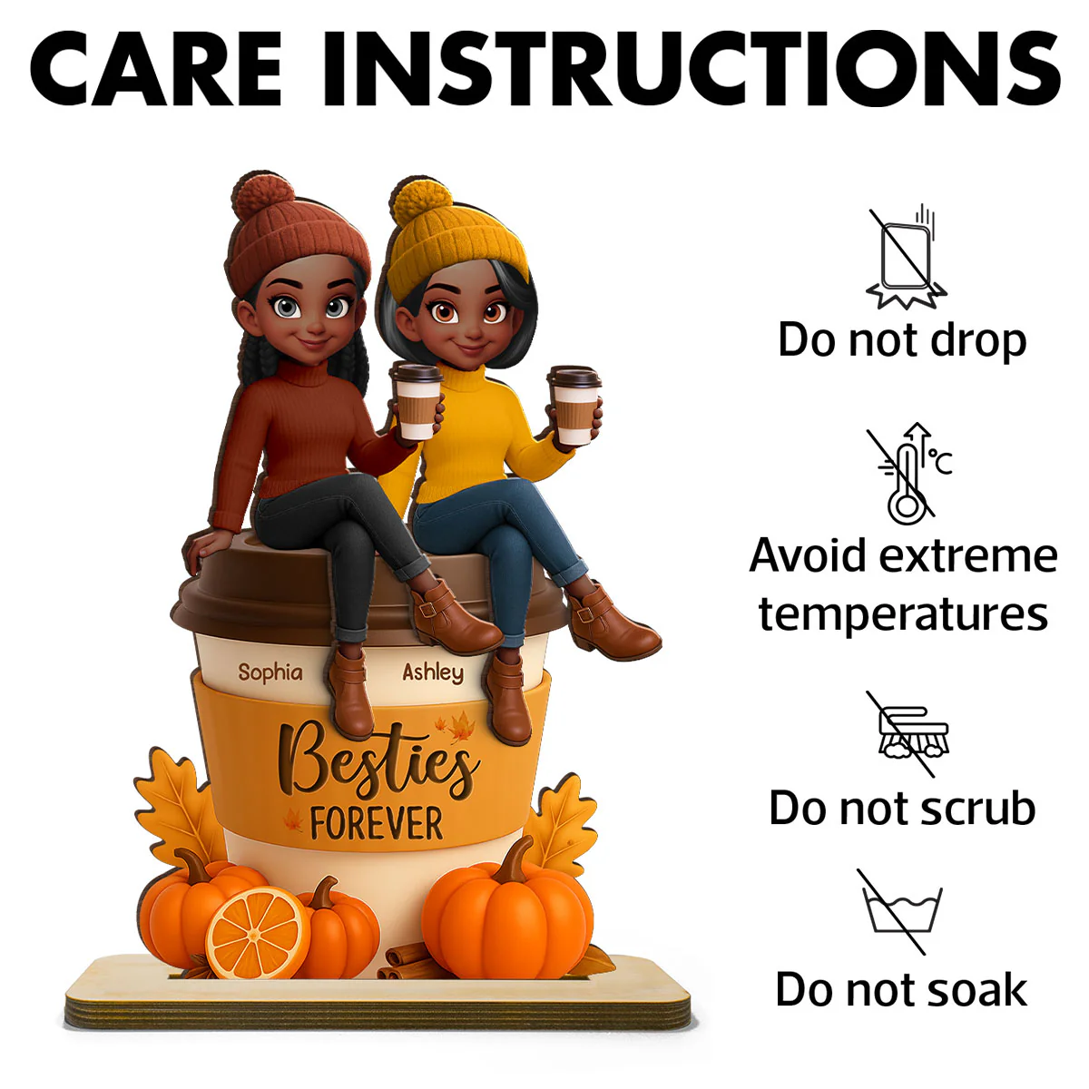 Fall Season Besties Sitting On Pumpkin Spice Latte Personalized Standing Wooden Plaque - Image 9