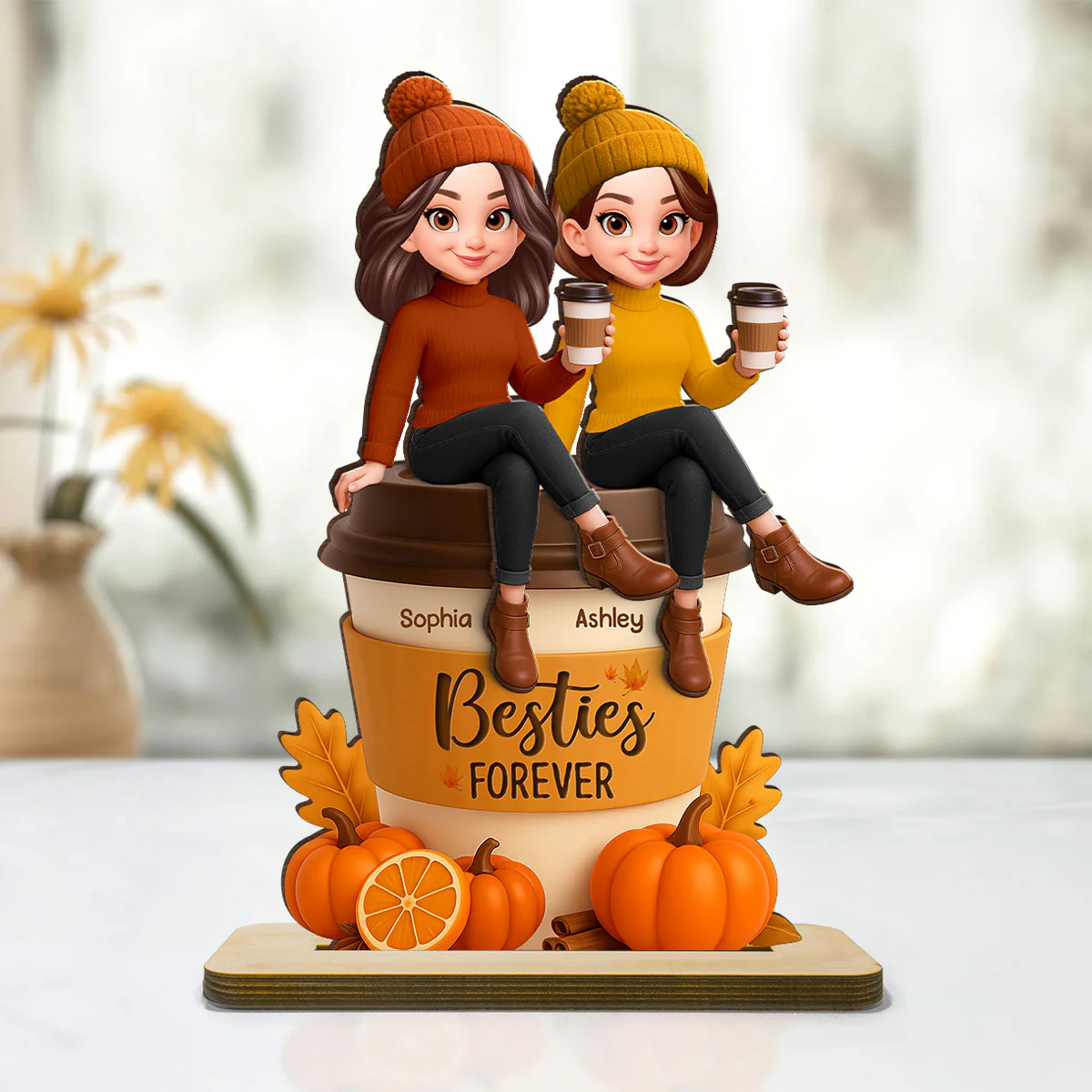 Fall Season Besties Sitting On Pumpkin Spice Latte - Personalized 2-Layered Wooden Plaque