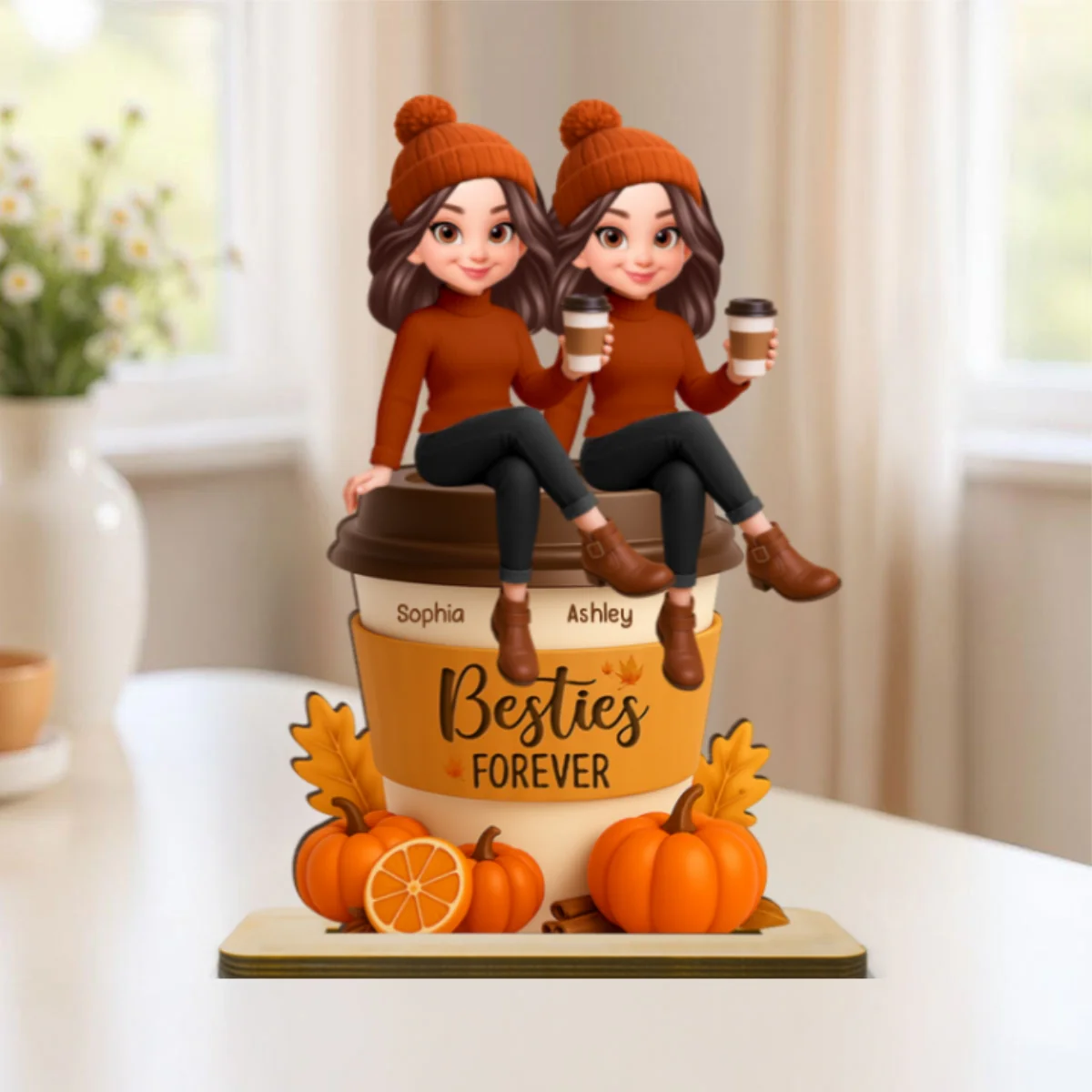 Fall Season Besties Sitting On Pumpkin Spice Latte - Personalized 2-Layered Wooden Plaque - Image 10