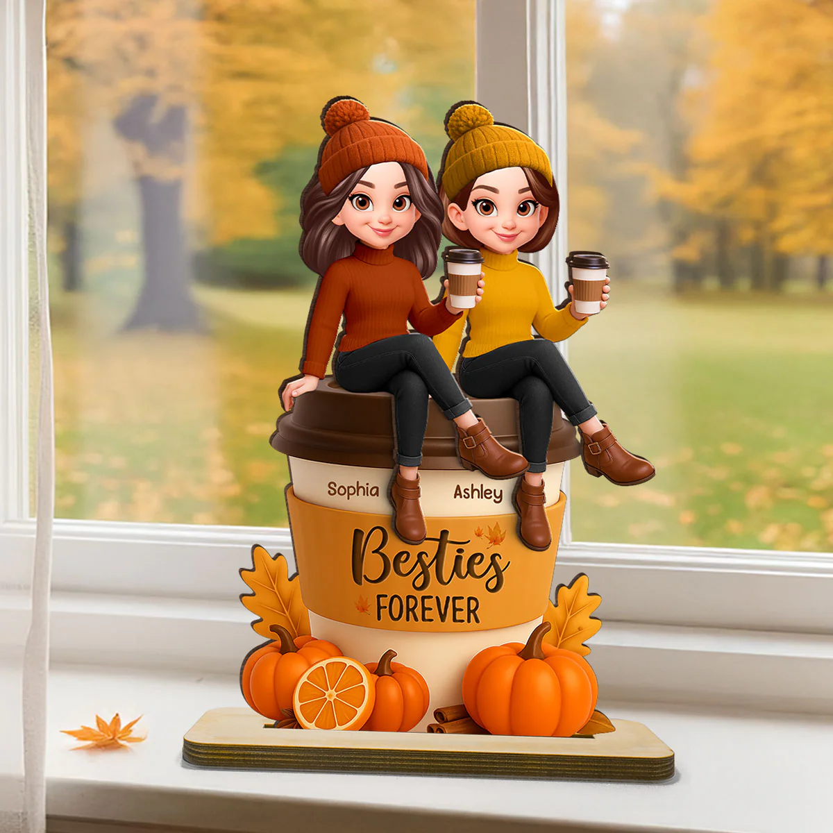 Fall Season Besties Sitting On Pumpkin Spice Latte - Personalized 2-Layered Wooden Plaque - Image 3