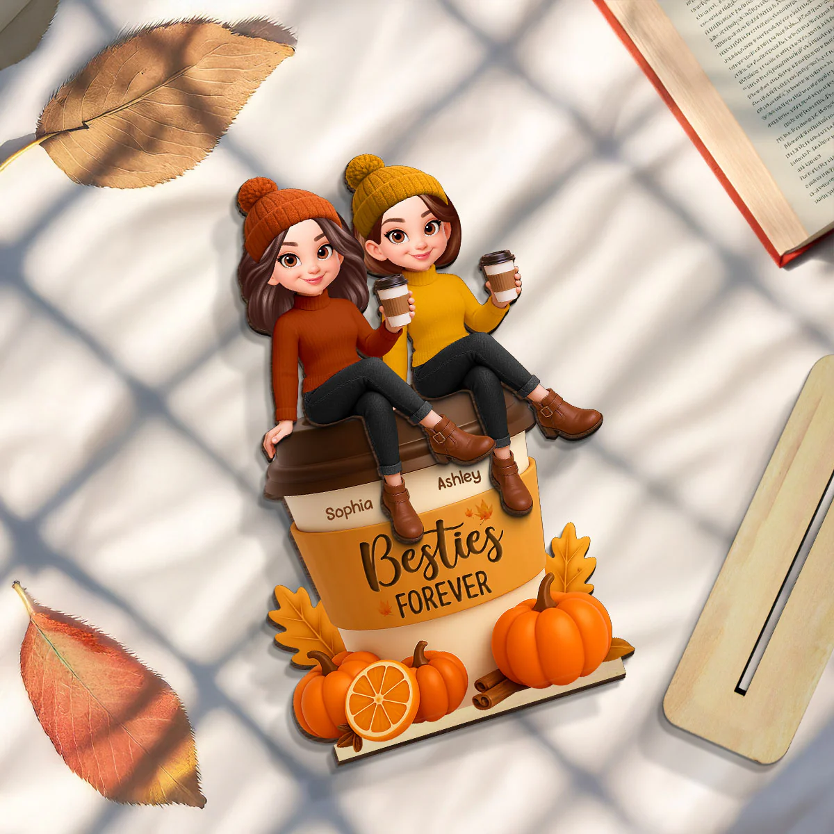 Fall Season Besties Sitting On Pumpkin Spice Latte - Personalized 2-Layered Wooden Plaque - Image 5