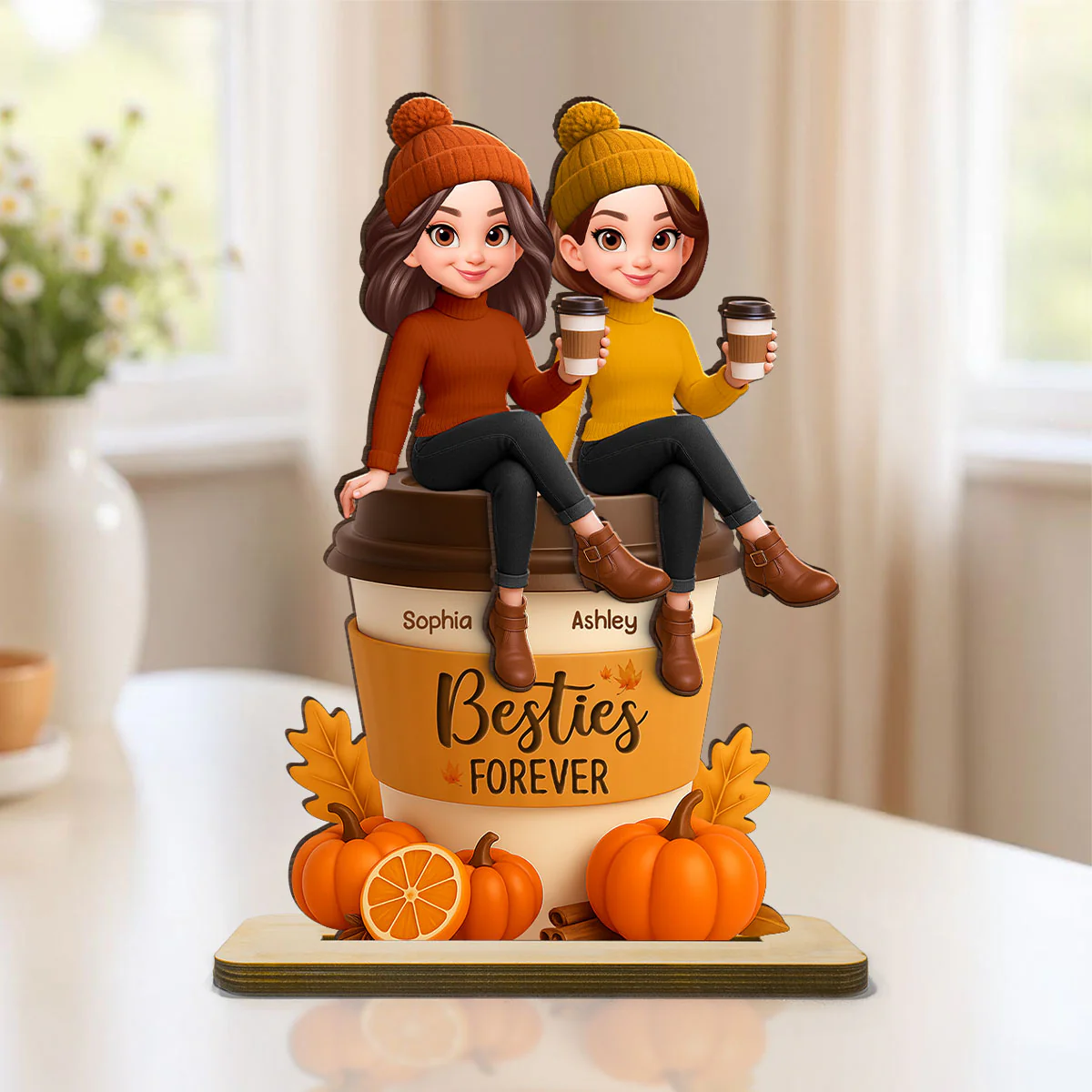 Fall Season Besties Sitting On Pumpkin Spice Latte - Personalized 2-Layered Wooden Plaque - Image 6