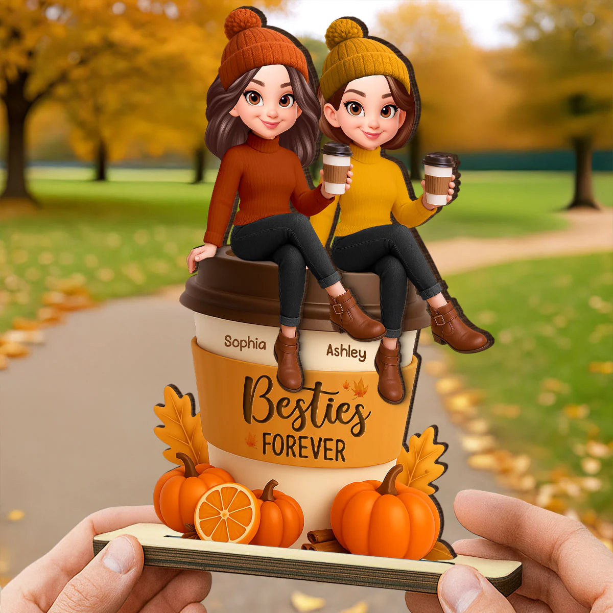 Fall Season Besties Sitting On Pumpkin Spice Latte - Personalized 2-Layered Wooden Plaque - Image 7