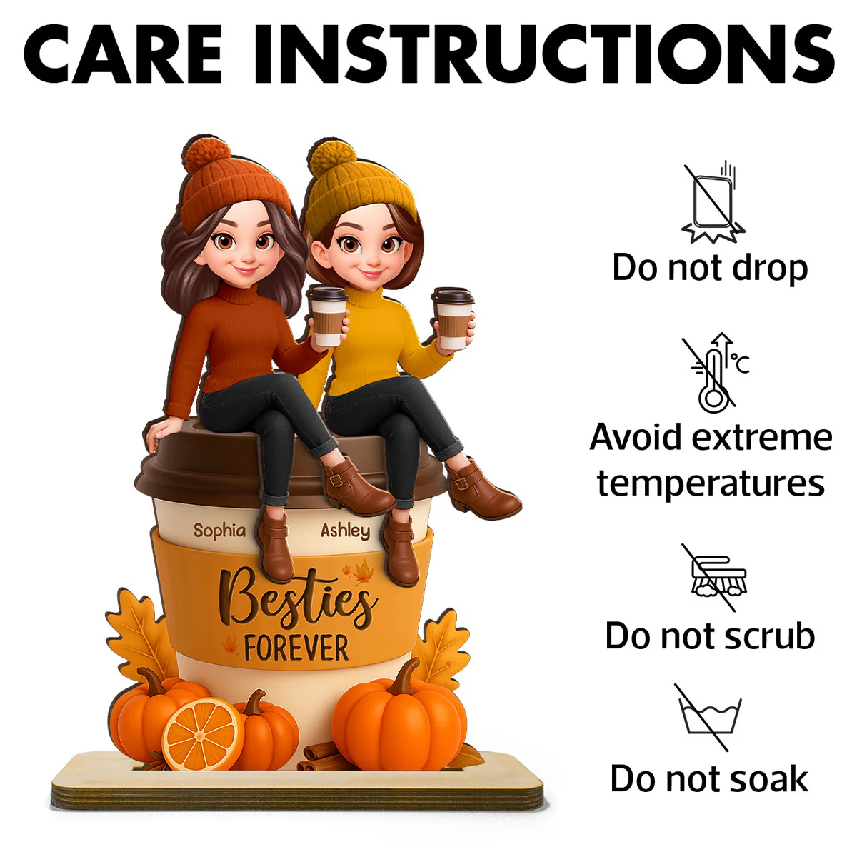Fall Season Besties Sitting On Pumpkin Spice Latte - Personalized 2-Layered Wooden Plaque - Image 9