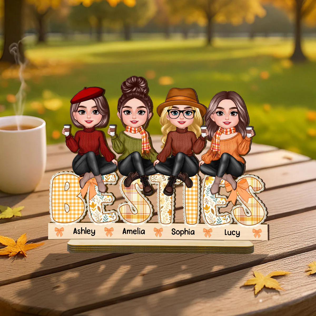 Fall Season Besties Sitting On Text Lace Patterned Personalized Standing Wooden Plaque