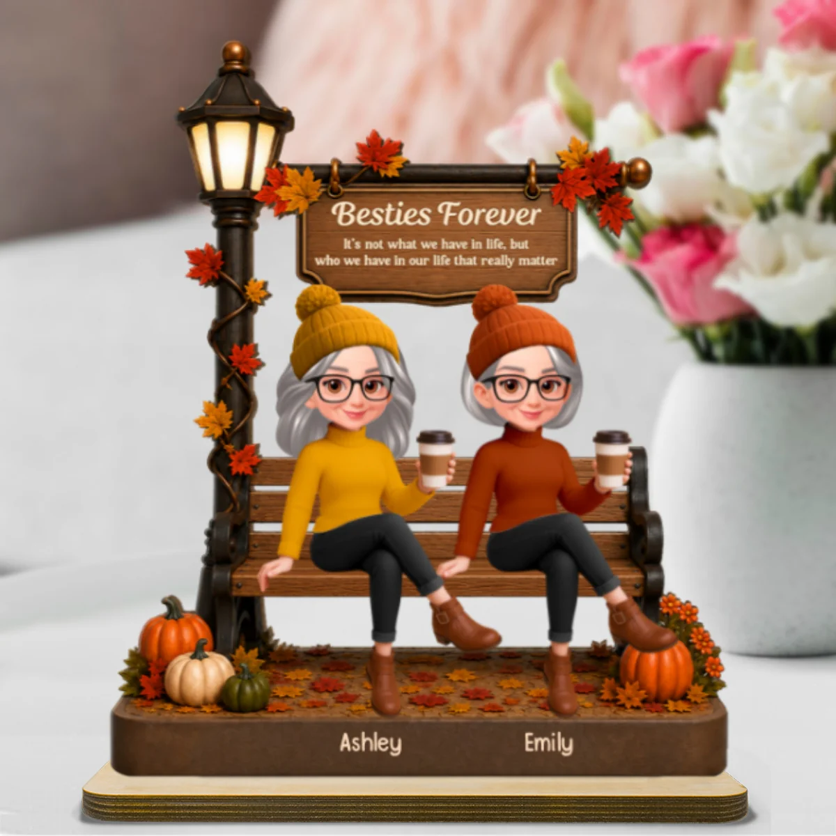 Fall Season Besties Sitting Under Lamp Post - Personalized Wooden Plaque - Image 10