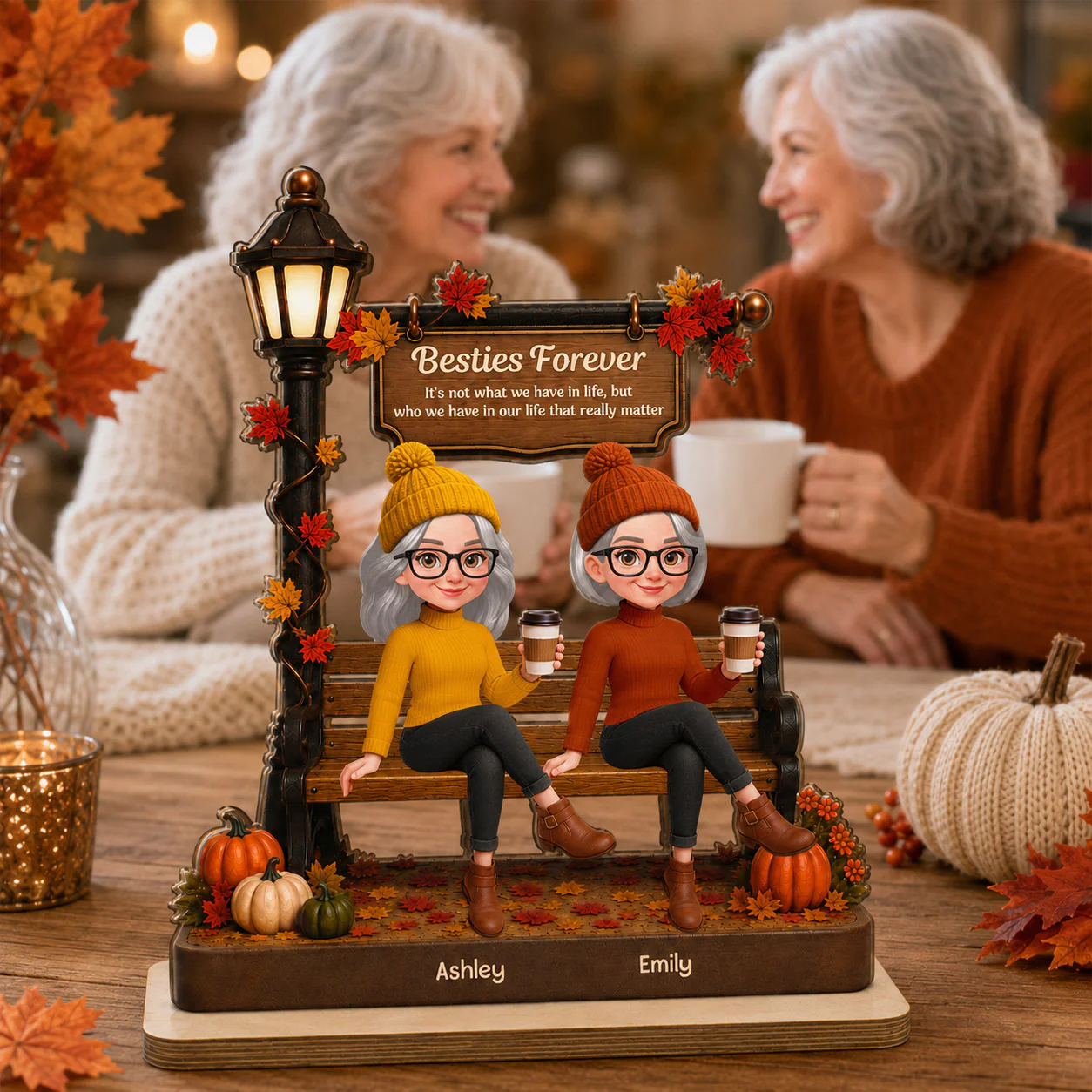 Fall Season Besties Sitting Under Lamp Post - Personalized Wooden Plaque - Image 7