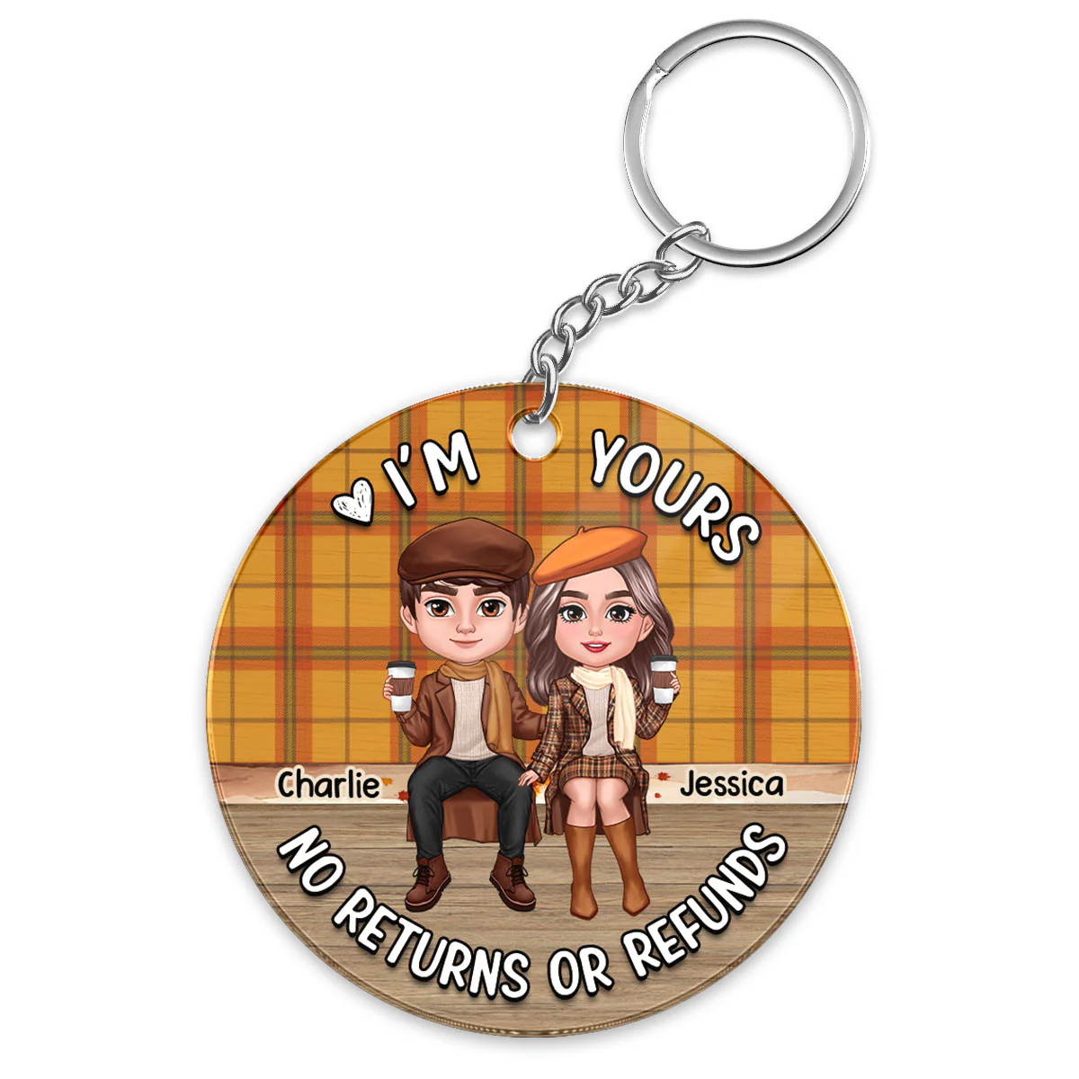 Fall Season Checkered Pattern Couple Sitting Personalized Acrylic Keychain