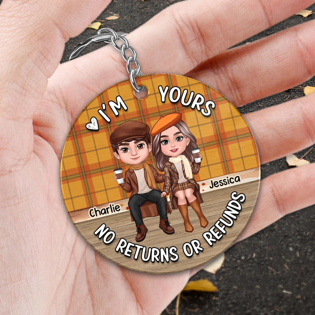 Fall Season Checkered Pattern Couple Sitting Personalized Acrylic Keychain - Image 2