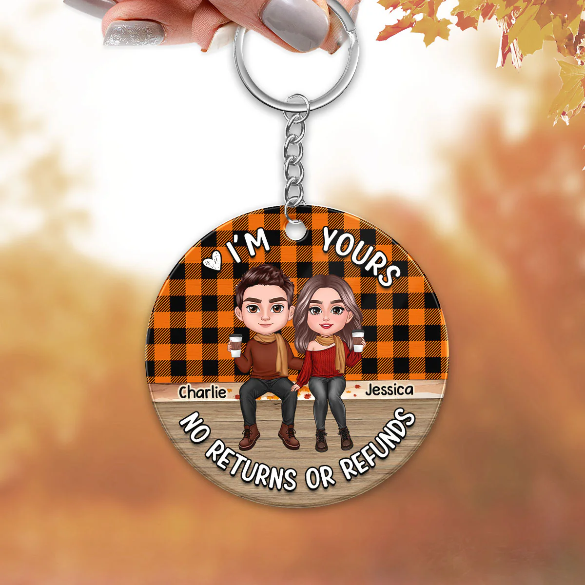 Fall Season Checkered Pattern Couple Sitting Personalized Acrylic Keychain - Image 3