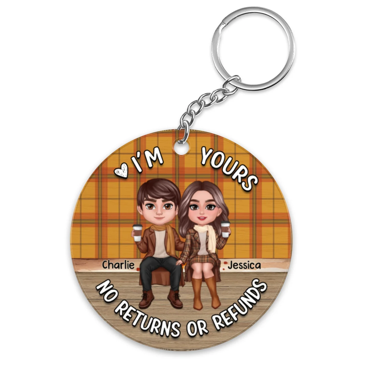 Fall Season Checkered Pattern Couple Sitting Personalized Acrylic Keychain - Image 4