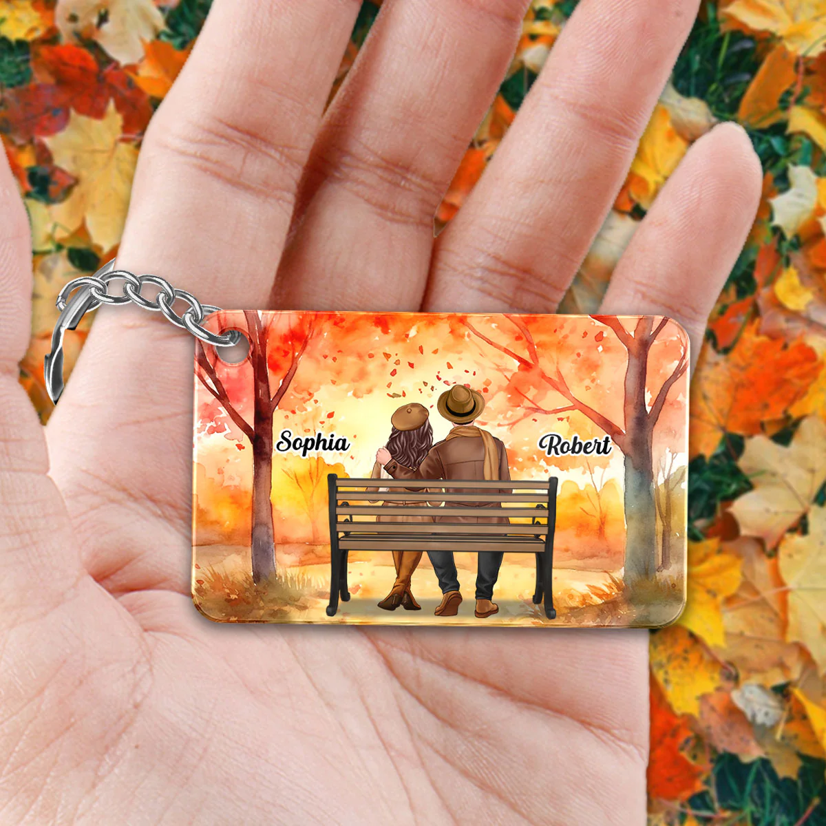 Fall Season Couple Back View Sitting On Bench Personalized Acrylic Keychain - Image 2