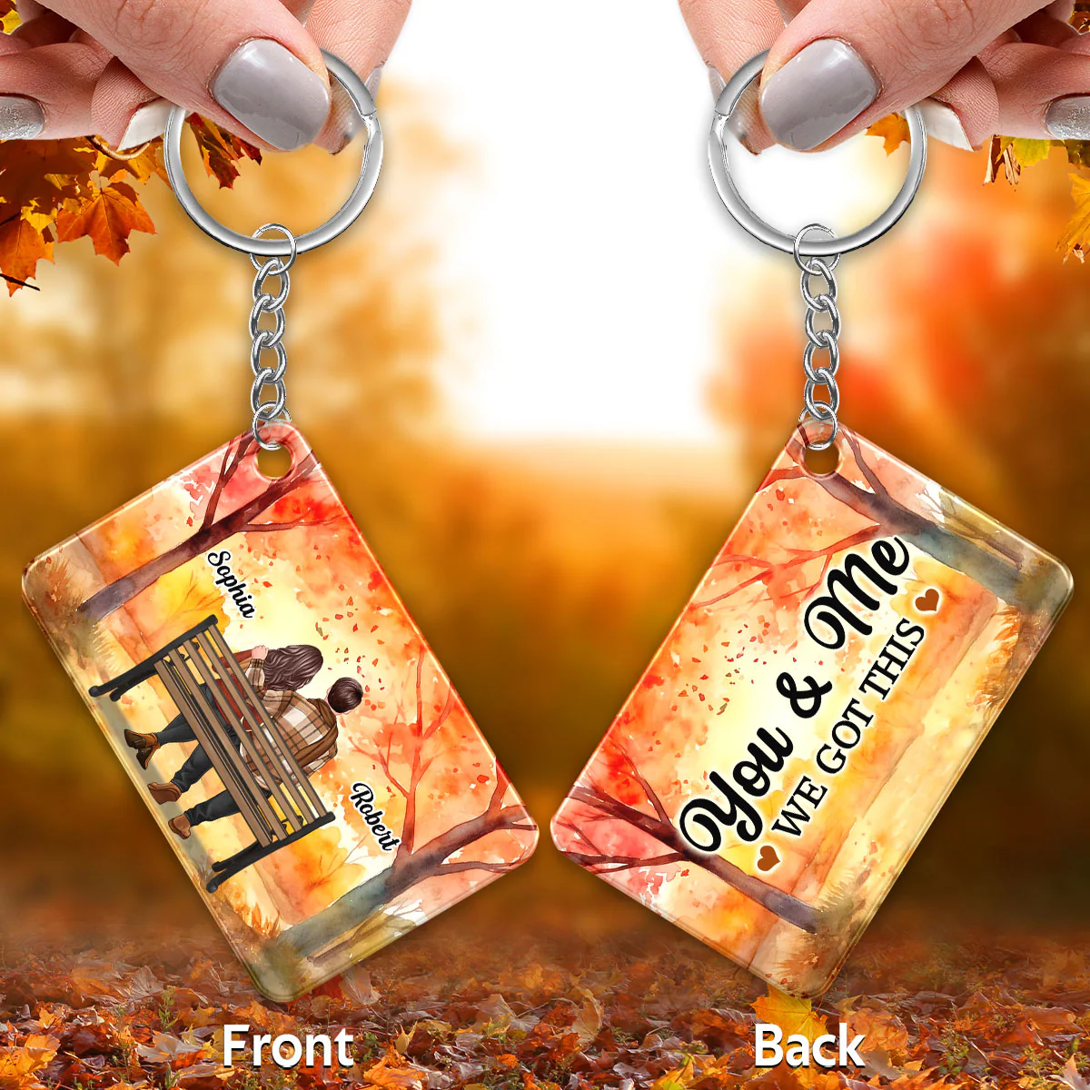 Fall Season Couple Back View Sitting On Bench Personalized Acrylic Keychain - Image 3