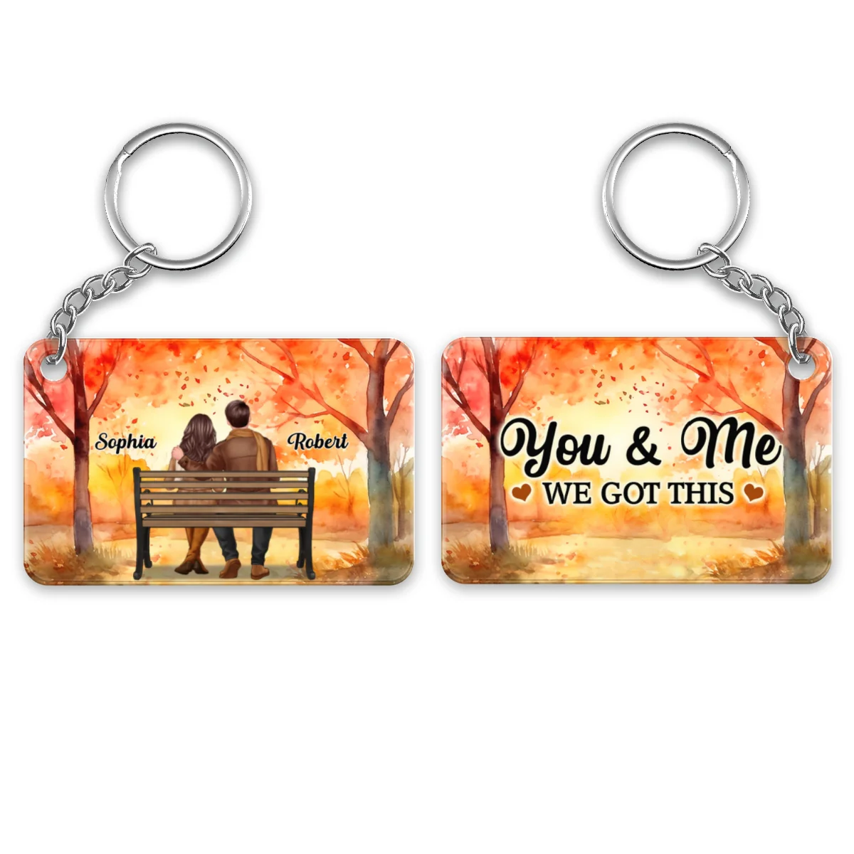 Fall Season Couple Back View Sitting On Bench Personalized Acrylic Keychain - Image 4