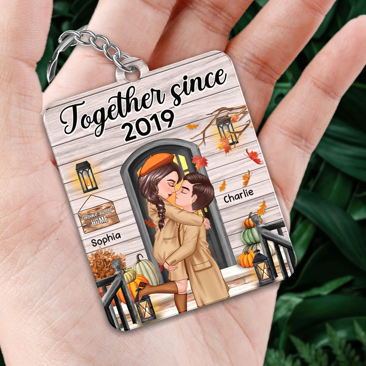 Fall Season Couple Kissing In Front Porch Favorite Song QR Code Personalized Acrylic Keychain - Image 2