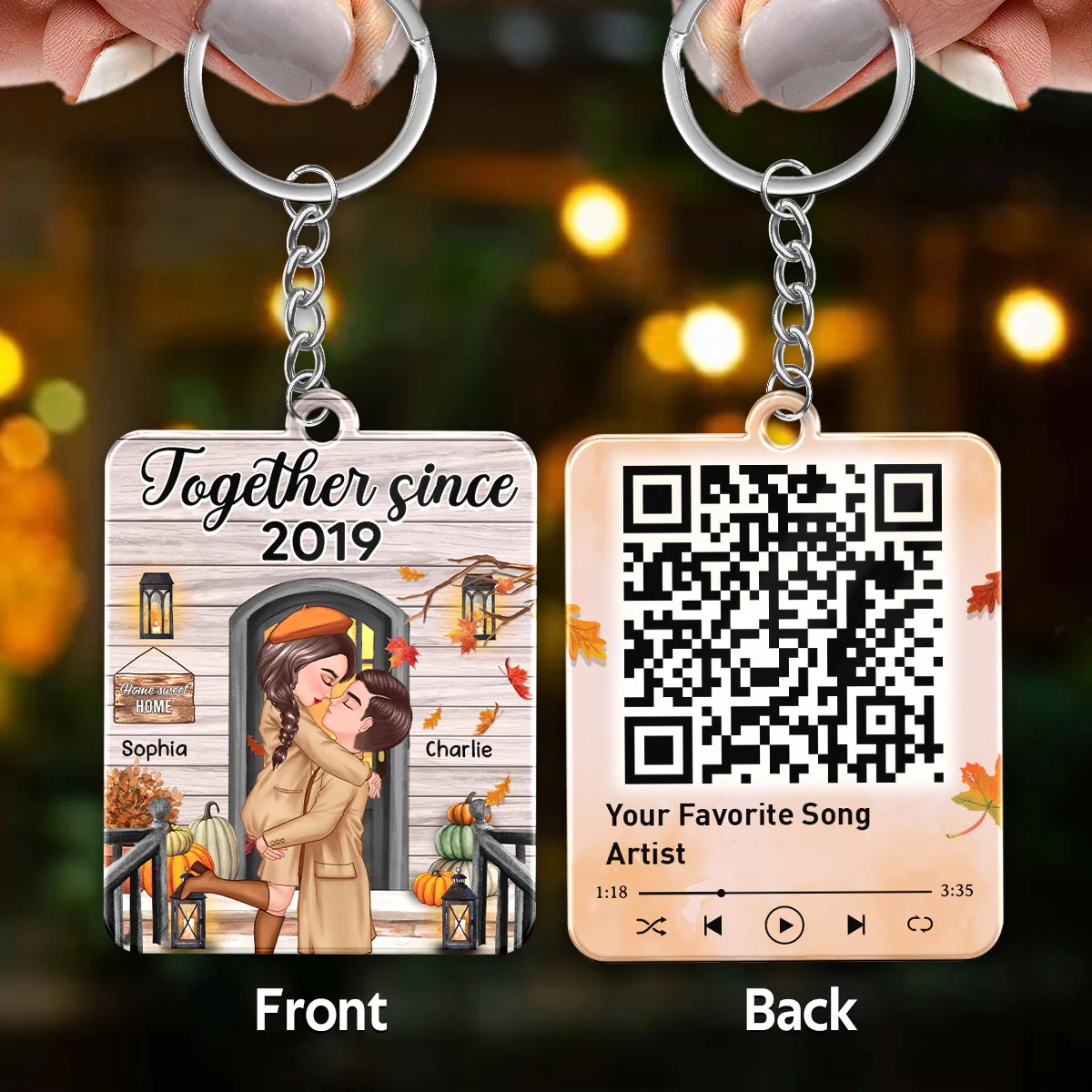 Fall Season Couple Kissing In Front Porch Favorite Song QR Code Personalized Acrylic Keychain - Image 3
