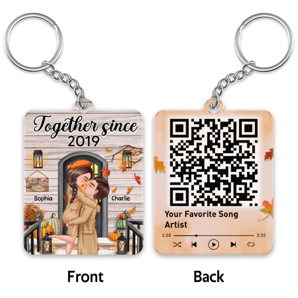 Fall Season Couple Kissing In Front Porch Favorite Song QR Code Personalized Acrylic Keychain - Image 4