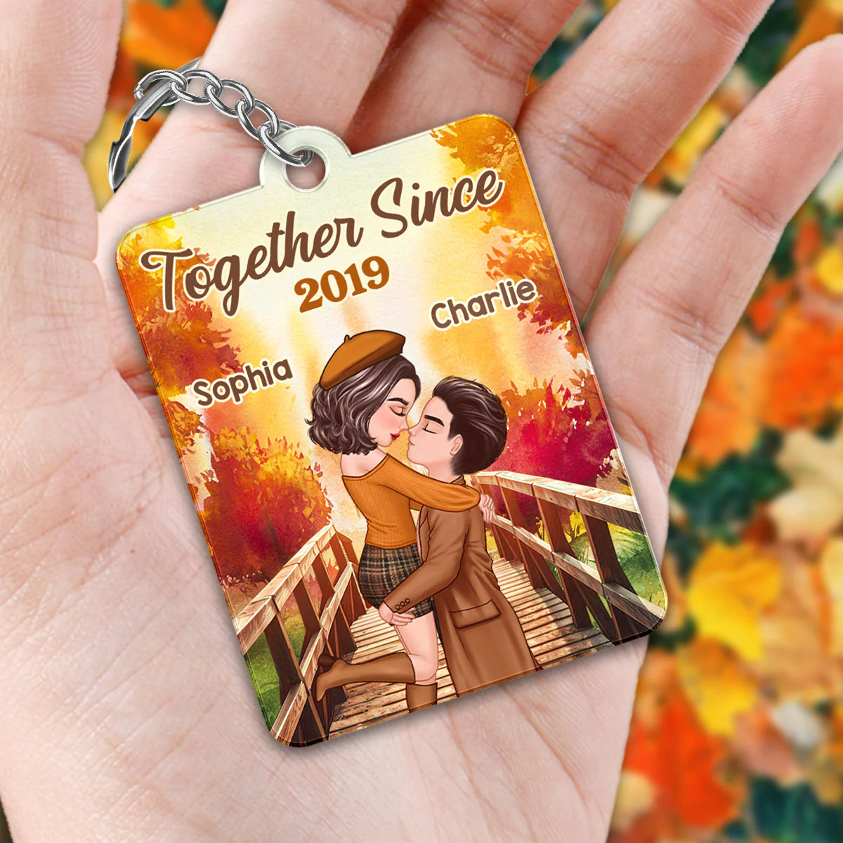Fall Season Couple Kissing On Bridge Favorite Song QR Code Personalized Acrylic Keychain - Image 2