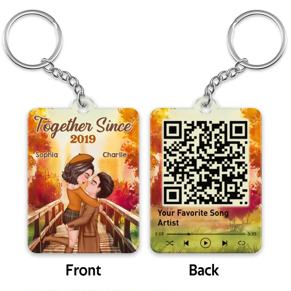 Fall Season Couple Kissing On Bridge Favorite Song QR Code Personalized Acrylic Keychain - Image 4
