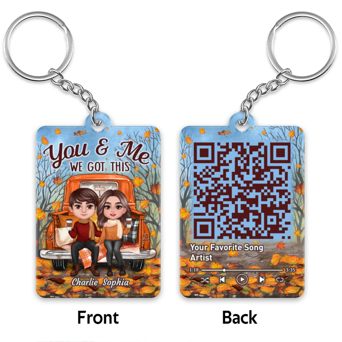 Fall Season Couple On Truck Favorite Song QR Code Personalized Acylic Keychain - Image 4