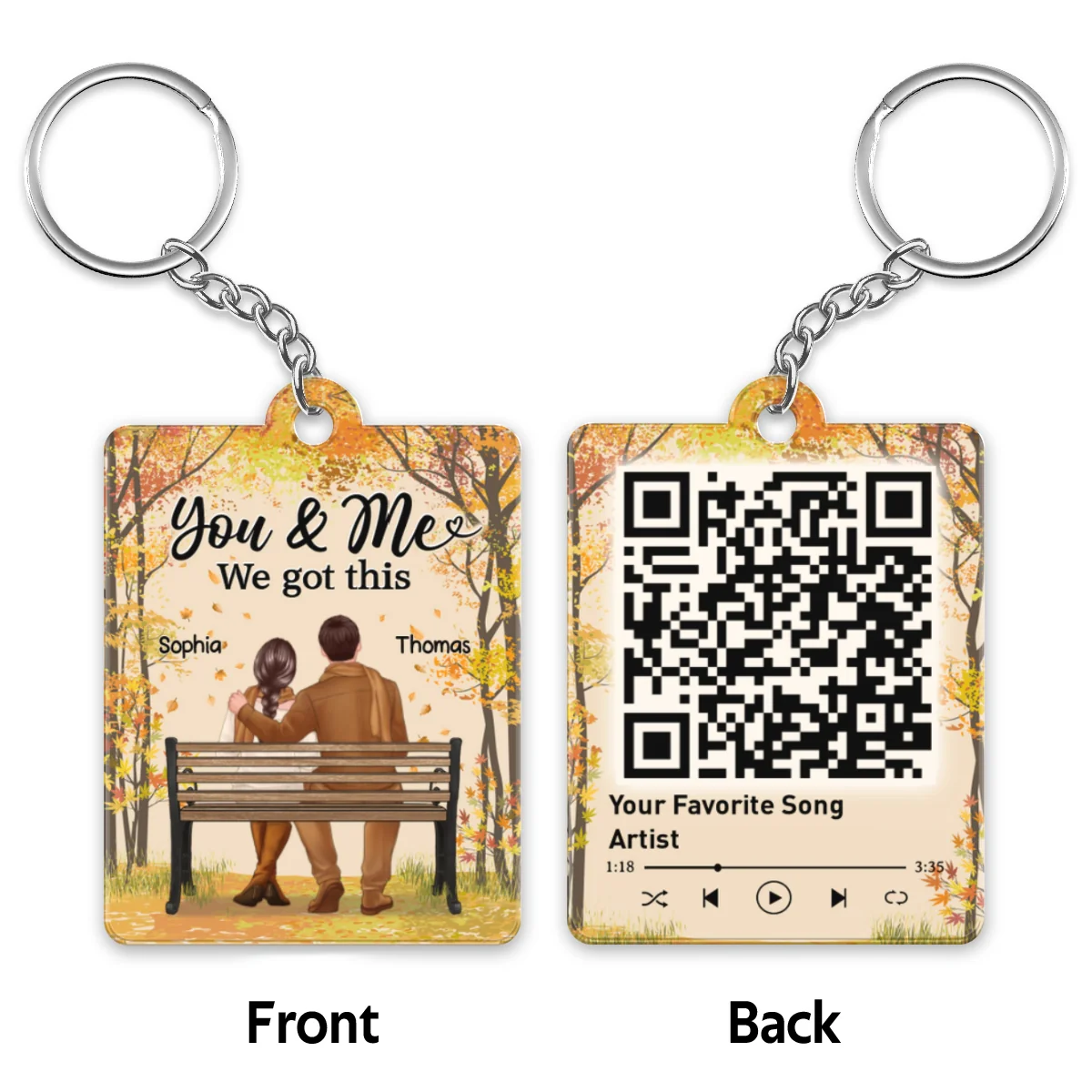 Fall Season Couple Sitting Back View Favorite Song QR Code Personalized Acrylic Keychain - Image 4
