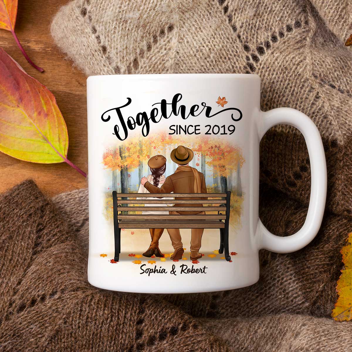 Fall Season Couple Sitting Back View Forest Personalized Mug - Image 2