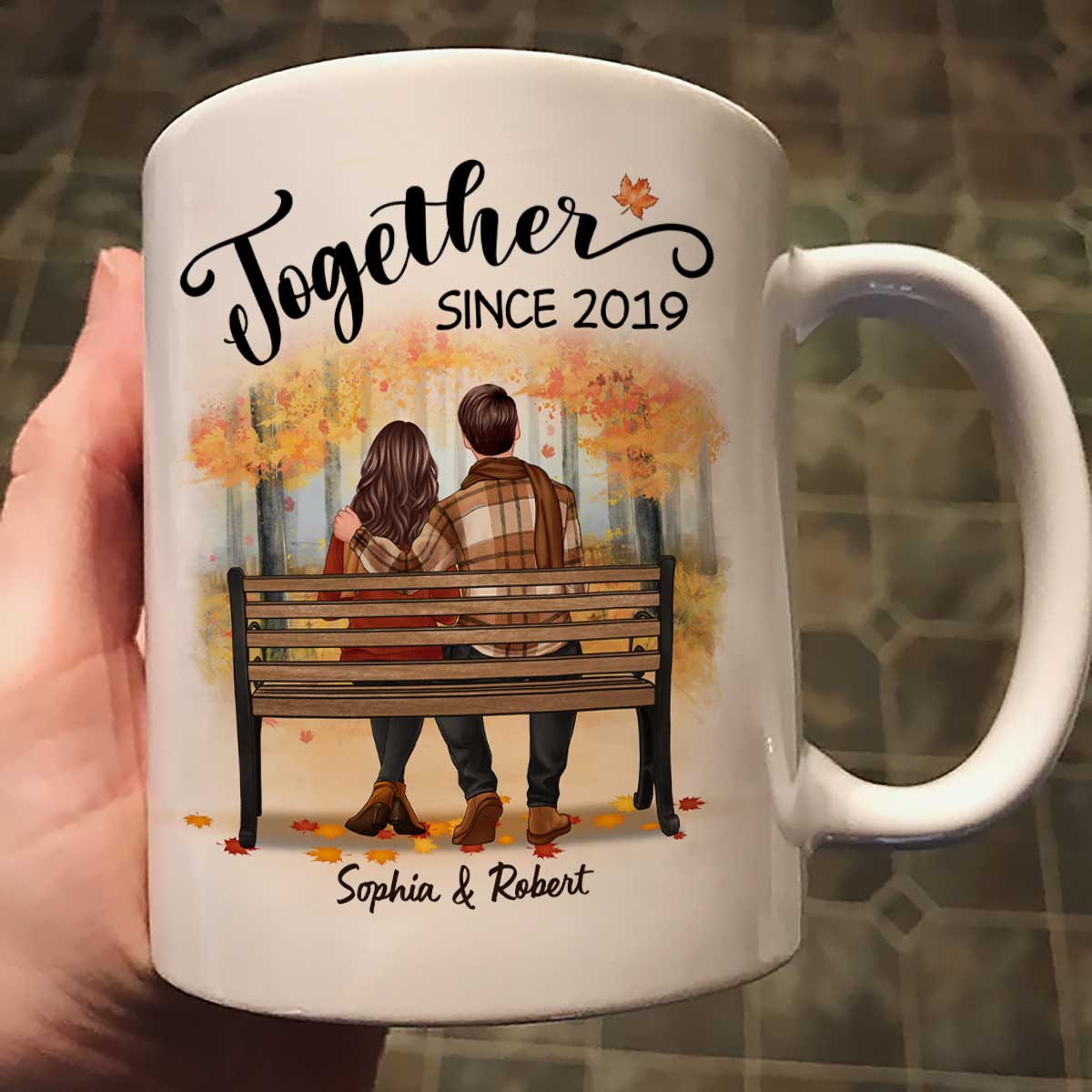 Fall Season Couple Sitting Back View Forest Personalized Mug - Image 3