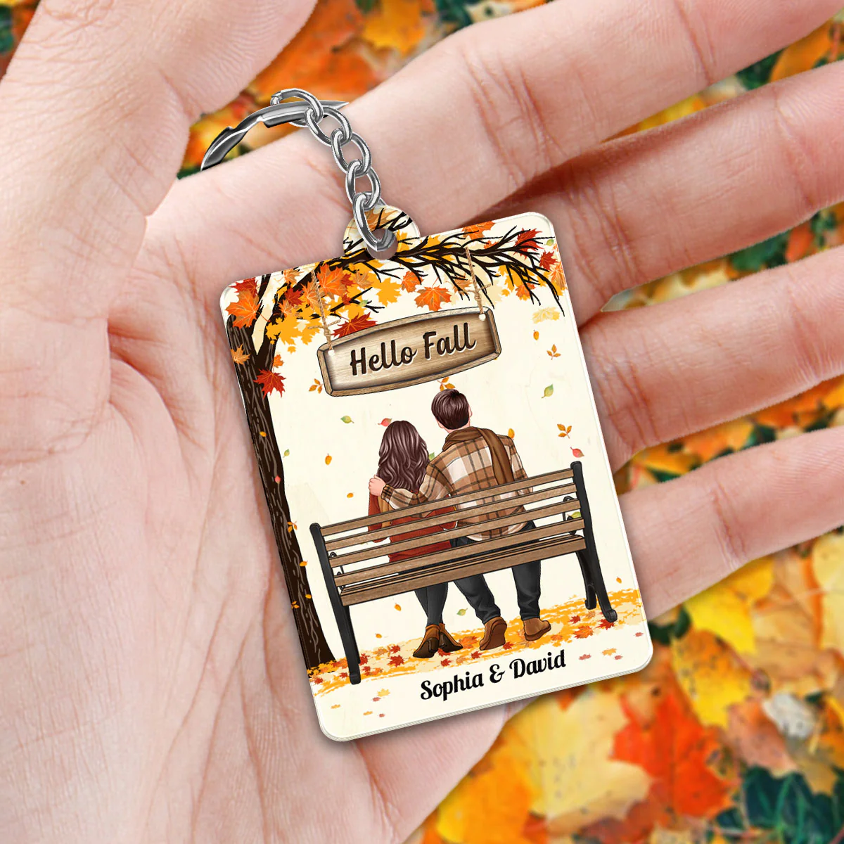 Fall Season Couple Sitting Back View Under Tree Personalized Acrylic Keychain - Image 2