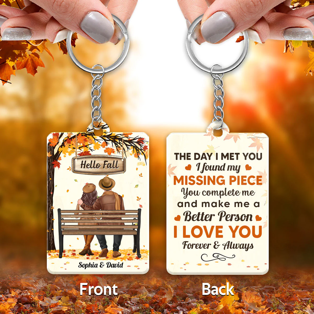 Fall Season Couple Sitting Back View Under Tree Personalized Acrylic Keychain - Image 3